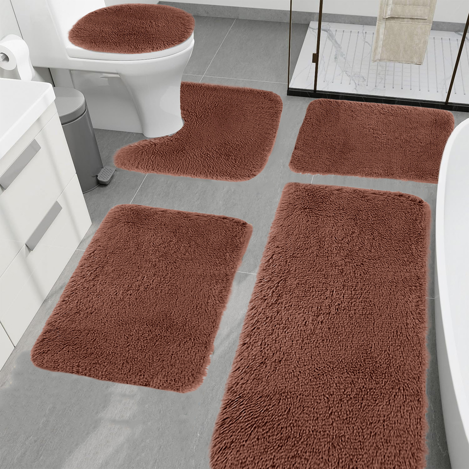 Bathroom Rugs Sets 5 Piece, Plush Bathroom Mats Set Extra Thick, Non Slip Bath Mats for Bathroom, Water Absorbent, Washable Bath Rugs for Tub, Toilet and Floor